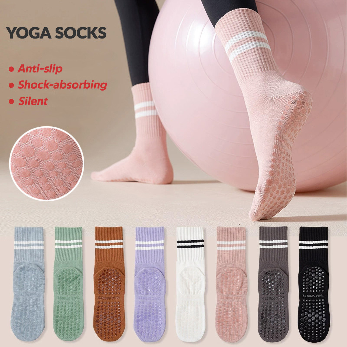 Pilates Yoga And Barre - 3足組 ロングヨガソックス 女性用 グリップ付き 滑り止めソックス ピラティス、バレエ、ダンス、ヨガ用