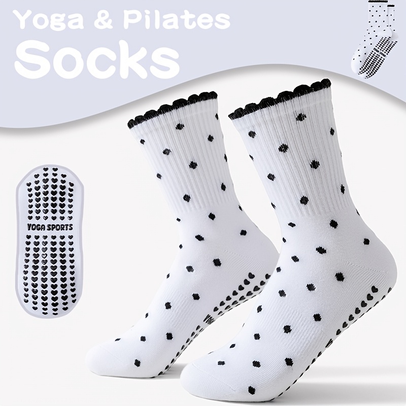女性用白黒ドット柄ノンスリップミッドカーフヨガソックス、通気 - Pilates Yoga And Barre のレビューと価格