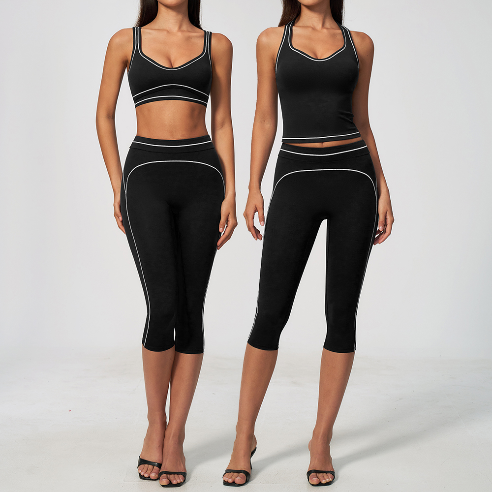 女性用コントラストステッチレーサーバック2ピースヨガセット、 - Pilates Yoga Classes のレビューと価格