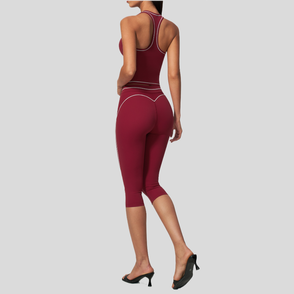 女性用コントラストステッチレーサーバック2ピースヨガセット、 - Pilates Yoga Classes のレビューと価格